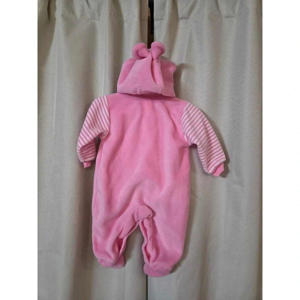 The Cute Babys Pink Fleece Bear Footed Hooded Sleeper 3-6M Striped Sleeves